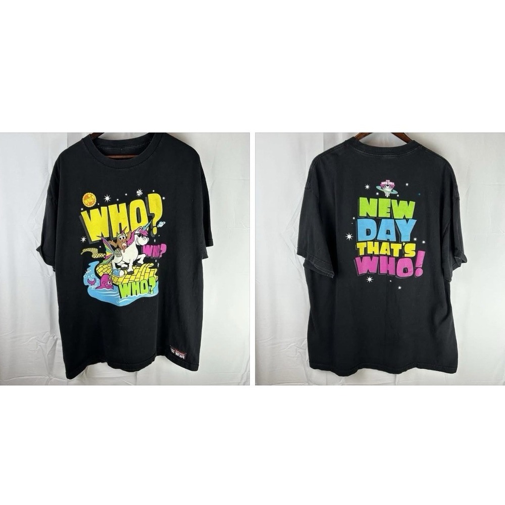 WWE New Day Shirt Sz 2XL Who? Kofi Kingston Xavier Woods Big E Black WWE Unicorn